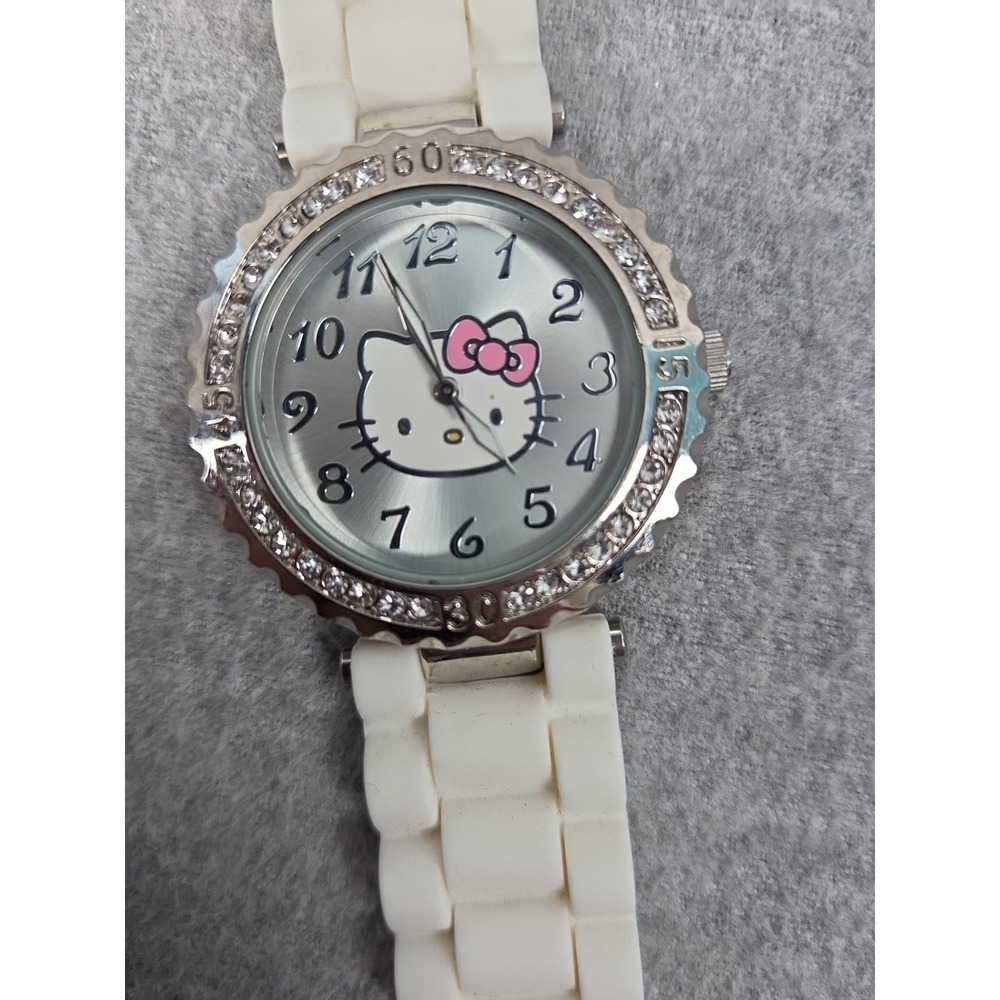 Hello Kitty Watch Silver Rhinestone Bezel White Silicone Band Sanrio 2014 AS IS